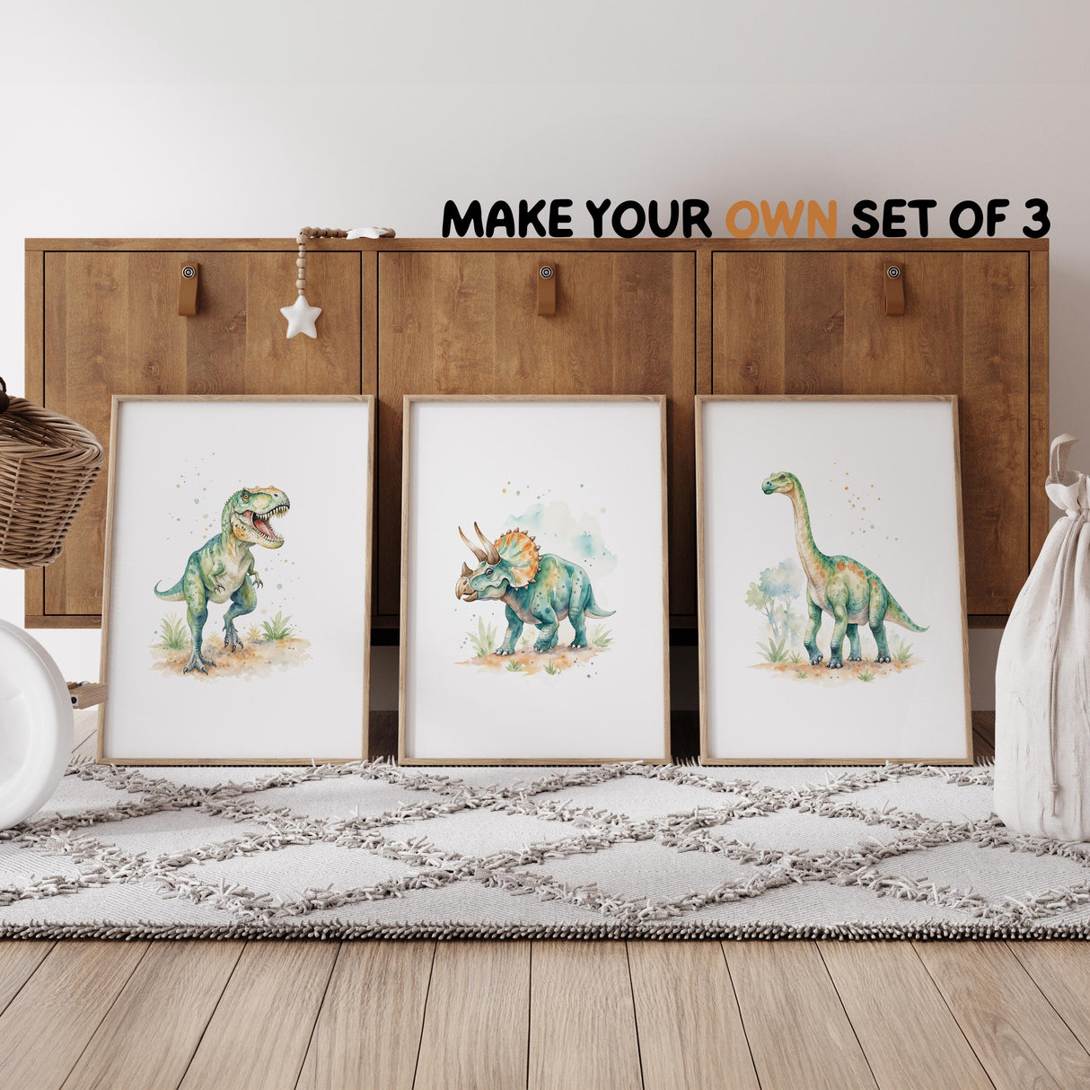 Personalized dinosaur wall art set of 3 for a kids room